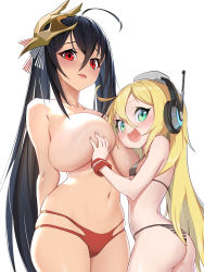 Rule 34 | 2girls, :d, absurdres, ahoge, albacore (azur lane), amigo (hua cao), arm at side, ass, azur lane, bare shoulders, bikini, bikini bottom only, black hair, blonde hair, blush, breasts, collarbone, commentary request, crossed bangs, deep skin, fang, green eyes, grey bikini, groin, hair between eyes, hair ribbon, headset, highres, huge breasts, jewelry, long hair, looking at viewer, multiple girls, navel, no nipples, open mouth, red bikini, red eyes, ribbon, sidelocks, simple background, skin fang, small breasts, smile, stomach, straight hair, striped bikini, striped clothes, swimsuit, taihou (azur lane), thong, thong bikini, topless, torpedo, twintails, underboob, very long hair, white background, wristband