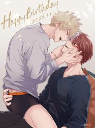 Rule 34 | 2boys, bakugou katsuki, blonde hair, blue eyes, boku no hero academia, boxer briefs, burn scar, casual, collarbone, couple, dated, eye contact, grey eyes, hair between eyes, hand on another&#039;s ass, happy birthday, heterochromia, highres, holding another&#039;s head, imminent kiss, long bangs, long sleeves, looking at another, male focus, male underwear, multicolored hair, multiple boys, no pants, open mouth, red eyes, red hair, salt - siomsb, scar, scar on face, short hair, sitting, sitting on lap, sitting on person, smile, spiked hair, split-color hair, straddling, teeth, text focus, thighs, todoroki shouto, toned, toned male, twitter username, two-tone hair, underwear, white hair, yaoi