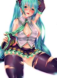 Rule 34 | 1girl, aqua eyes, aqua hair, arm up, bad id, bad pixiv id, blush, breasts, censored, chirarizushi, covered erect nipples, detached sleeves, earrings, hatsune miku, highres, jewelry, large breasts, long hair, necktie, no panties, pussy juice, sitting, skindentation, skirt, solo, thighhighs, torn clothes, torn thighhighs, twintails, very long hair, vocaloid, white background