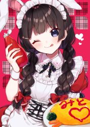 Rule 34 | 1girl, ;p, animal ears, apron, black hair, blue eyes, blush, bottle, bow, braid, carrot, closed mouth, collared shirt, food, frilled apron, frills, hair bow, hair over shoulder, heart, holding, holding bottle, ketchup bottle, long hair, low twintails, maid headdress, nijisanji, omelet, omurice, one eye closed, plaid, plaid background, plate, puffy short sleeves, puffy sleeves, rabbit ears, red bow, red skirt, shirt, short sleeves, skirt, smile, solo, tongue, tongue out, tsukino mito, tsukino mito (9th costume), twin braids, twintails, virtual youtuber, white apron, white shirt, yamabukiiro
