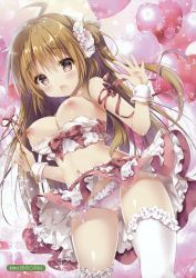 Rule 34 | 1girl, :o, absurdres, ahoge, artist name, asymmetrical legwear, balloon, bare shoulders, blush, bow, bow panties, breasts, brown hair, cameltoe, clothes lift, crop top, flower, frilled panties, frilled thighhighs, frills, hair between eyes, hair flower, hair ornament, hands up, heart, heart balloon, highres, holding, kino (kino konomi), large breasts, long hair, looking at viewer, medium breasts, nipples, one side up, open mouth, original, panties, pink panties, pink ribbon, pink skirt, purple eyes, ribbon, scan, skirt, skirt lift, solo, thighhighs, underwear, uneven legwear, very long hair, white flower, white ribbon, white thighhighs, wrist cuffs