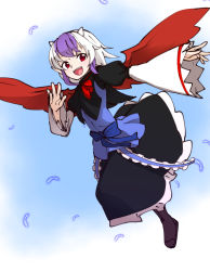 Rule 34 | 1girl, :d, bird wings, floating, frilled skirt, frills, horns, kameyan, multicolored hair, open mouth, purple hair, red eyes, short hair, skirt, smile, solo, tokiko (touhou), touhou, two-tone hair, white hair, wings