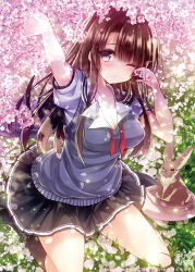 Rule 34 | 1girl, ;&lt;, animal, arm up, black footwear, black skirt, black socks, blush, breasts, brown hair, cherry blossoms, cleavage, closed mouth, collarbone, commentary request, dappled sunlight, day, full body, grass, grey eyes, hand up, kabocha usagi, katou megumi, kneehighs, large breasts, long hair, looking at viewer, on ground, one eye closed, outdoors, parted bangs, petals, pleated skirt, puffy short sleeves, puffy sleeves, rabbit, saenai heroine no sodatekata, sample watermark, school uniform, shirt, shoes, short sleeves, signature, sitting, skirt, socks, solo, sunlight, sweater vest, untied, wariza, watermark, white shirt