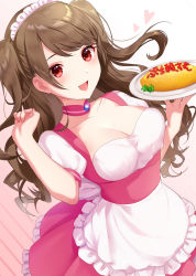 Rule 34 | 1girl, :d, absurdres, apron, blush, breasts, brown hair, choker, cleavage, collarbone, commentary request, derori, dress, dutch angle, food, frilled apron, frills, hands up, highres, holding, holding plate, large breasts, long hair, looking at viewer, maid, maid headdress, omelet, omurice, open mouth, original, pink dress, plate, puffy short sleeves, puffy sleeves, red eyes, short sleeves, smile, solo, white apron