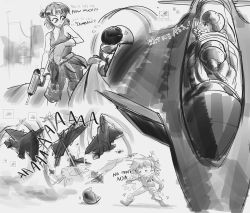 Rule 34 | 1boy, 1girl, aircraft, airplane, angry, commentary, drill, english commentary, english text, fighter jet, greyscale, helmet, highres, jet, middle finger, military, military vehicle, monarch (project wingman), monochrome, musclehakase, pilot, pilot helmet, pilot suit, piloting, prez (project wingman), project wingman, tank top, vehicle focus