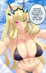 Rule 34 | 1girl, abs, absurdres, bikini, black bikini, blonde hair, blush, breasts, cleavage, collarbone, barghest (fate), fairy knight gawain (ice warrior) (fate), fate/grand order, fate (series), green eyes, heterochromia, highres, huge breasts, lips, long hair, muscular, muscular female, open mouth, pov, raskasar, red eyes, scarf, speech bubble, swimsuit, toned, toned female