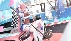Rule 34 | 1girl, absurdres, ahoge, alternate costume, arms behind head, arms up, bandeau, belt, bodystocking, braid, breasts, car, checkered flag, cleavage, daran9, flag, headdress, highres, hololive, large breasts, long hair, looking away, mercedes-benz, minato aqua, motor vehicle, multicolored hair, neko (minato aqua), parted lips, ponytail, race queen, red eyes, revealing clothes, see-through, see-through cleavage, short shorts, short sleeves, shorts, shrug (clothing), sidelocks, sitting, solo, sports car, strapless, streaked hair, thighhighs, tube top, two-tone hair, very long hair, virtual youtuber, white shorts, white thighhighs