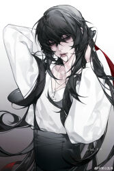 Rule 34 | 1boy, absurdres, alternate costume, bai liu, bishounen, black hair, closed mouth, cross, cross necklace, hair tie, highres, i became a god in a horror game, jewelry, long hair, looking at viewer, male focus, necklace, solo, upper body, weibo 7867498164