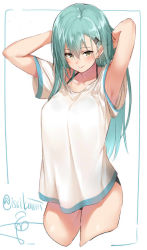 Rule 34 | 10s, 1girl, alternate costume, aqua eyes, aqua hair, armpits, arms behind head, breasts, cowboy shot, hair ornament, hairclip, isshiki (ffmania7), kantai collection, large breasts, long hair, looking at viewer, shirt, signature, simple background, sketch, smile, suzuya (kancolle), thighs, twitter username, white background, white shirt