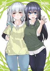 Rule 34 | 10s, 2girls, :&lt;, absurdres, alternate costume, arms behind back, artist name, asashio (kancolle), black hair, blue eyes, blush, brown eyes, casual, collarbone, collared shirt, commentary, contemporary, grey hair, hair between eyes, hair over shoulder, hair ribbon, hand on another&#039;s shoulder, highres, kantai collection, kasumi (kancolle), kirishina (raindrop-050928), long hair, long sleeves, looking at viewer, looking away, multiple girls, open mouth, pants, ribbon, round teeth, shirt, side ponytail, simple background, sleeves rolled up, smile, sweater, teeth, white ribbon, white shirt