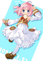 Rule 34 | 1girl, ahoge, arm up, bare shoulders, blue background, blue eyes, blush, bread slice, brown footwear, brown jacket, closed mouth, commentary request, dated, detached sleeves, dress, flying sweatdrops, food, food in mouth, frilled dress, frills, full body, hair between eyes, hair bobbles, hair ornament, highres, jacket, long sleeves, manabe mana, moetan, mouth hold, nijihara ink, pantyhose, pink hair, running, shoes, sleeveless, sleeveless jacket, solo, toast, toast in mouth, two-tone background, two side up, white background, white dress, white pantyhose, white sleeves