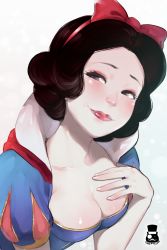 Rule 34 | 1girl, artist name, blue dress, blush, bow, breasts, brown eyes, brown hair, cleavage, collarbone, curly hair, disney, dress, hair bow, hairband, half-closed eyes, hand on own chest, high collar, lipstick, logo, looking at viewer, makeup, medium breasts, mr.takealook, pale skin, puffy short sleeves, puffy sleeves, red bow, red hairband, red lips, short hair, short sleeves, smile, snow white (disney), snow white and the seven dwarfs, solo, upper body