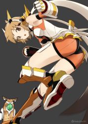 Rule 34 | 10s, 1girl, ass, bare shoulders, bent over, blush, bodysuit, boots, breasts, brown hair, commentary request, elbow gloves, from behind, gauntlets, gloves, grey background, hair ornament, headgear, looking at viewer, looking back, medium breasts, motion blur, noise (symphogear), open mouth, orange eyes, scarf, senki zesshou symphogear, short hair, simple background, skirt, solo, standing, tachibana hibiki (symphogear), tea (nakenashi), teeth, twitter username