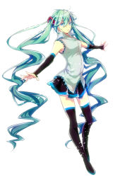 Rule 34 | 1girl, absurdly long hair, adapted costume, aqua eyes, aqua hair, bare shoulders, black gloves, black skirt, boots, elbow gloves, fingerless gloves, fuka (hk nemo), fukahire, full body, gloves, hatsune miku, long hair, pleated skirt, simple background, skirt, sleeveless, solo, thigh boots, thighhighs, twintails, very long hair, vocaloid, white background