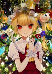 Rule 34 | 1girl, absurdres, apple, blonde hair, blue flower, bug, butterfly, commentary request, crystal, daimaou ruaeru, english text, eyes visible through hair, flandre scarlet, flower, food, fruit, grapes, hands up, hat, hat ribbon, highres, insect, lace-trimmed collar, lace trim, leaf, lemon, long hair, looking at viewer, mob cap, nail polish, one side up, orange (fruit), own hands together, parted lips, peach, pear, puffy short sleeves, puffy sleeves, purple flower, red eyes, red nails, red ribbon, red skirt, red vest, ribbon, rose, shirt, short sleeves, skirt, skirt set, slit pupils, smile, solo, touhou, upper body, vest, white flower, white hat, white rose, white shirt, wings