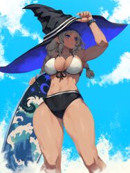 Rule 34 | 1girl, armpits, bikini, black bikini, black hat, blue eyes, blue hat, blue sky, braid, breasts, closed mouth, cloud, commentary, earrings, english commentary, feet out of frame, front-tie bikini top, front-tie top, grey hair, hand on headwear, hat, highres, jewelry, large breasts, light blush, long hair, looking afar, low twin braids, mismatched bikini, navel, original, sky, solo, standing, stomach, stud earrings, surfboard, swimsuit, thick thighs, thighs, toned, twin braids, two-tone headwear, water, waves, white bikini, witch hat, yan kodiac