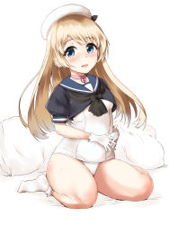 Rule 34 | 1girl, black neckerchief, blonde hair, blue eyes, blue sailor collar, choker, commentary request, gloves, hat, heart lock (kantai collection), highres, jervis (kancolle), kantai collection, looking at viewer, minase (takaoka nanase), neckerchief, one-piece swimsuit, pillow, pink choker, sailor collar, sailor hat, school swimsuit, simple background, sitting, socks, solo, swimsuit, wariza, white background, white gloves, white hat, white one-piece swimsuit, white school swimsuit, white socks
