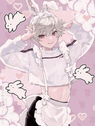 Rule 34 | 1boy, ahoge, animal ears, apron, arms up, bishounen, blush, crop top, frilled apron, frilled hairband, frills, grey hair, hair between eyes, hairband, heart, highres, looking at viewer, male focus, midriff, open mouth, original, pastel colors, pink background, pixel heart, potti-p, rabbit, rabbit boy, rabbit ears, red eyes, shiny skin, short hair, smile, solo, standing, upper body, watermark