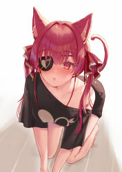 Rule 34 | 1girl, :o, all fours, alternate costume, animal ears, bare shoulders, blush, breasts, cat ears, cat tail, collarbone, eyebrows hidden by hair, floor, hair ribbon, heart, highres, hololive, houshou marine, kemonomimi mode, large breasts, long hair, nose blush, oekakikei, off shoulder, open mouth, red eyes, red hair, ribbon, shirt, simple background, solo, tail, twintails, virtual youtuber, white background