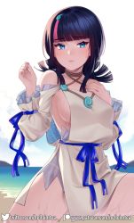 Rule 34 | 1girl, bare shoulders, blue eyes, blue ribbon, blunt bangs, blush, breasts, closed mouth, collarbone, dress, fate/grand order, fate/requiem, fate (series), fundoshi, helloimtea, highres, japanese clothes, jewelry, large breasts, long sleeves, looking at viewer, magatama, magatama hair ornament, medium hair, multicolored hair, necklace, ocean, pelvic curtain, puffy long sleeves, puffy sleeves, ribbon, seigaiha, shore, short dress, sideboob, sideless outfit, solo, streaked hair, thighs, utsumi erice, wet, white background, white dress