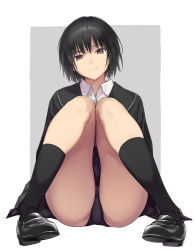 Rule 34 | 1girl, amagami, black eyes, black hair, black one-piece swimsuit, bob cut, competition swimsuit, kibito high school uniform, looking at viewer, nanasaki ai, one-piece swimsuit, school uniform, serizawa (serizawaroom), short hair, sitting, solo, swimsuit, swimsuit under clothes, two-tone background
