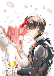 Rule 34 | 10s, 1boy, 1girl, asymmetrical horns, black bodysuit, black hair, bodysuit, breasts, closed eyes, commentary, couple, crying, darling in the franxx, forehead-to-forehead, fringe trim, genm7, gloves, heads together, highres, hiro (darling in the franxx), horns, large breasts, long hair, looking at another, oni horns, pilot suit, pink hair, red horns, short hair, single horn, uneven horns, white bodysuit, white gloves, zero two (darling in the franxx)