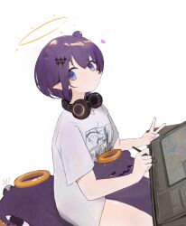 Rule 34 | 1girl, absurdres, blue eyes, closed mouth, commentary, drawing tablet, halo, headphones, headphones around neck, highres, holding, holding stylus, hololive, hololive english, looking at viewer, nereb 72, ninomae ina&#039;nis, ninomae ina&#039;nis (loungewear), pointy ears, print shirt, purple hair, shirt, short hair, short sleeves, simple background, sitting, solo, stylus, t-shirt, takodachi (ninomae ina&#039;nis), v, virtual youtuber, white background, white shirt