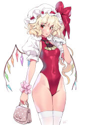 Rule 34 | 1girl, :p, bag, blonde hair, breasts, commentary, cowboy shot, flandre scarlet, gloves, groin, handbag, hat, highres, holding, holding bag, leotard, long hair, looking at viewer, matsuda (matsukichi), mob cap, puffy short sleeves, puffy sleeves, red eyes, red leotard, short sleeves, shrug (clothing), side ponytail, simple background, single glove, small breasts, smile, solo, standing, thighhighs, thighs, tongue, tongue out, touhou, very long hair, white background, white gloves, white hat, white thighhighs, wings, wrist cuffs