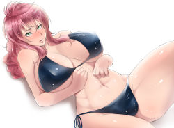 Rule 34 | 00s, 1girl, abs, bare shoulders, bikini, black bikini, blush, breast suppress, breasts, cleavage, collarbone, curvy, feldt grace, green eyes, gundam, gundam 00, highres, huge breasts, long hair, looking at viewer, lying, navel, ogura anko, on back, open mouth, parted lips, pink hair, ponytail, side-tie bikini bottom, solo, swimsuit, thighs, white background, wide hips