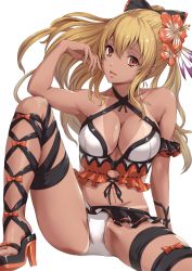 Rule 34 | 10s, 1girl, ankle lace-up, arm support, bikini, black bow, blonde hair, bow, breasts, cleavage, collarbone, criss-cross halter, cross-laced footwear, feet, female focus, finger to mouth, fingernails, flower, frilled bikini, frills, granblue fantasy, hair bow, hair flower, hair ornament, halterneck, hibiscus, high heels, knee up, large breasts, light smile, long fingernails, long hair, looking at viewer, open mouth, orange bow, parted lips, ponytail, red eyes, sakiyamama, sandals, shoes, simple background, sitting, solo, spread legs, swimsuit, tan, tanline, thighhighs, toeless footwear, toes, vira (granblue fantasy), white background, white bikini