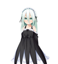 Rule 34 | 1girl, bare shoulders, black bow, black dress, black hairband, bow, closed mouth, collarbone, commentary request, dress, frilled dress, frilled hairband, frills, gothic lolita, green eyes, green hair, hair between eyes, hairband, haryuu (poetto), highres, lolita fashion, long hair, looking at viewer, off-shoulder dress, off shoulder, original, simple background, smile, solo, white background