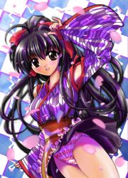 Rule 34 | 1girl, black hair, cherry blossoms, clothes lift, cover, cover page, detached sleeves, japanese clothes, main, panties, ponytail, skirt, skirt lift, striped clothes, striped panties, underwear, upskirt, wind, wind lift, yagasuri