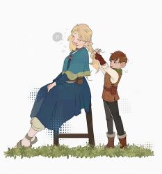 Rule 34 | 1boy, 1girl, blonde hair, braid, brown hair, chilchuck tims, closed eyes, dress, dungeon meshi, elf, fingerless gloves, gloves, grass, hair around ear, hand in another&#039;s hair, highres, jjhoa, long hair, long sleeves, marcille donato, multicolored clothes, pointy ears, sandals, scarf, shoes, short hair, sitting, smile, tagme, white background