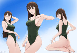 Rule 34 | 1girl, artist name, back, bare legs, barefoot, blue sky, blush, breasts, brown hair, collarbone, competition swimsuit, covered navel, darkpulsegg, feet out of frame, girls&#039; frontline, green eyes, green one-piece swimsuit, highleg, highres, long hair, looking at viewer, looking to the side, m4a1 (girls&#039; frontline), medium breasts, multicolored hair, one-piece swimsuit, sitting, sky, smile, soles, solo, standing, swimsuit, thighs