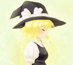 Rule 34 | 1girl, black hat, black vest, blonde hair, bow, braid, closed eyes, closed mouth, eyebrows, female focus, from side, hair bow, hair ornament, hat, hat bow, hat ribbon, kirisame marisa, maroppe, profile, ribbon, shirt, smile, solo, star (symbol), star hair ornament, touhou, upper body, vest, white bow, white ribbon, white shirt, witch hat
