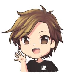 1boy :d beard_stubble black_shirt brown_eyes brown_hair chibi chibi_only facial_hair gradient_eyelashes hand_up highres male_focus open_mouth real_life shirt short_sleeves side_part simple_background smile stubble teeth thick_eyelashes upper_teeth_only waving white_background wolfychu_(artist)