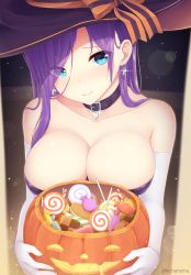 Rule 34 | 1girl, bad id, bad pixiv id, bare shoulders, blue eyes, blush, breasts, candy, cleavage, collar, elbow gloves, food, gloves, halloween, hat, hicha nomu, highres, jack-o&#039;-lantern, large breasts, long hair, looking at viewer, original, purple hair, smile, solo, upper body, witch, witch hat