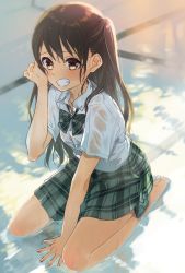 Rule 34 | 1girl, arm support, arm up, bad id, bad pixiv id, barefoot, between legs, blurry, blurry background, blush, bow, brown eyes, brown hair, collarbone, collared shirt, commentary request, day, depth of field, dress shirt, green bow, green skirt, grin, hair between eyes, hand between legs, highres, long hair, looking at viewer, one side up, original, outdoors, plaid, plaid bow, plaid skirt, pleated skirt, pomu (joynet), school uniform, see-through, seiza, shirt, short sleeves, sitting, skirt, smile, soles, solo, very long hair, wet, wet clothes, wet shirt, white shirt