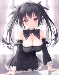 Rule 34 | 1girl, backlighting, bare shoulders, black dress, black hair, black ribbon, black sleeves, breasts, cleavage, closed mouth, collarbone, commentary, covered collarbone, curtains, day, detached sleeves, dress, frilled dress, frills, hair ribbon, highres, kine-c, long hair, long sleeves, medium breasts, original, puffy long sleeves, puffy sleeves, red eyes, ribbon, smile, solo, strapless, strapless dress, sunlight, transparent, twintails, window