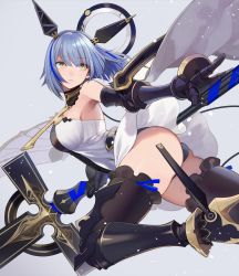Rule 34 | 1girl, ass, azur lane, bare shoulders, black thighhighs, blue background, blue hair, boots, breasts, cross (weapon), dress, floating headgear, gascogne (azur lane), gauntlets, hair between eyes, headgear, high heel boots, high heels, holding, holding weapon, large breasts, multicolored hair, parted lips, purple hair, short hair, simple background, solo, strapless, strapless dress, streaked hair, thighhighs, thighs, weapon, white dress, yellow eyes, yuko (uc yuk)