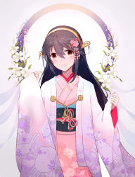Rule 34 | 1girl, alternate costume, black hair, blush, flower, furisode, hair between eyes, hair flower, hair ornament, hairclip, haruna (kancolle), headgear, highres, ieufg, japanese clothes, kantai collection, kimono, long hair, looking at viewer, pink kimono, smile, solo, upper body, wide sleeves