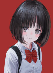 Rule 34 | 1girl, absurdres, backpack, bag, black eyes, black hair, blush, bob cut, bow, bowtie, closed mouth, collared shirt, gishiki (gshk), grey eyes, highres, looking at viewer, no nose, original, red background, red bow, red bowtie, school uniform, shirt, simple background, smile, solo, upper body, white shirt, wing collar