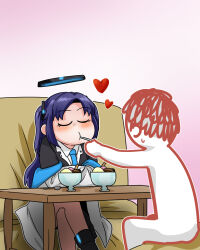 Rule 34 | 1boy, 1girl, doodle sensei (blue archive), blazer, blue archive, blue necktie, c/h, collared shirt, commentary request, feeding, halo, heart, holding, holding spoon, jacket, long hair, long sleeves, mixed-language commentary, necktie, parted bangs, purple hair, school uniform, sensei (blue archive), shirt, sidelocks, spoon, sweatdrop, white shirt, yuuka (blue archive)