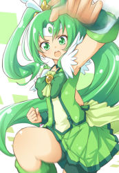 Rule 34 | 10s, 1girl, :o, action, arm up, bike shorts, bike shorts under skirt, bow, bowtie, brooch, choker, circlet, clenched hand, cure march, dress, eyelashes, green bow, green bowtie, green dress, green eyes, green hair, green shorts, green skirt, green theme, jewelry, long hair, magical girl, matching hair/eyes, midorikawa nao, precure, shorts, shorts under skirt, skirt, smile precure!, solo, tokunou shoutarou, tri tails, wrist cuffs