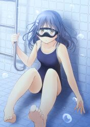 Rule 34 | 1girl, barefoot, black hair, blue one-piece swimsuit, breasts, brown eyes, commission, competition school swimsuit, diving mask, freediving, goggles, highres, long hair, one-piece swimsuit, original, pixiv commission, pool ladder, school swimsuit, shibacha, sitting, small breasts, solo, swimsuit, tile floor, tile wall, tiles, underwater