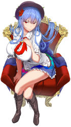 Rule 34 | 1girl, aged up, alternate breast size, black headwear, blouse, blue hair, blue skirt, blush, boots, breasts, brown footwear, center frills, chair, collarbone, commentary request, cross-laced footwear, flower, frills, from above, full body, hair between eyes, hair flower, hair ornament, hand on own chest, highres, hinanawi tenshi, knee boots, lace-up boots, large breasts, leaf, long hair, looking at viewer, miniskirt, neropaso, petticoat, red eyes, red flower, red neckwear, shirt, short sleeves, simple background, sitting, skirt, solo, thighs, touhou, white background, white shirt