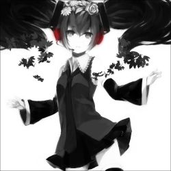 Rule 34 | 1girl, bad id, bad pixiv id, black hair, detached sleeves, flower, hair flower, hair ornament, hatsune miku, headset, lemontea, long hair, looking at viewer, monochrome, nisoku hokou (vocaloid), simple background, smile, solo, spot color, twintails, very long hair, vocaloid