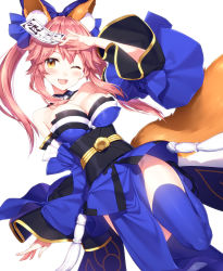 Rule 34 | 10s, 1girl, ;d, animal ears, bare shoulders, blue bow, blue kimono, blue thighhighs, blush, bow, breasts, cleavage, commentary request, detached collar, detached sleeves, fangs, fate/extra, fate/grand order, fate (series), fox ears, fox tail, groin, hair bow, highres, japanese clothes, kimono, large breasts, leg up, long hair, looking at viewer, masuishi kinoto, no panties, ofuda, one eye closed, open mouth, pink hair, simple background, smile, solo, standing, standing on one leg, tail, tamamo (fate), tamamo no mae (fate/extra), thighhighs, twintails, white background, wide sleeves, yellow eyes