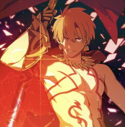 Rule 34 | 1boy, armor, bare shoulders, blonde hair, chietori, earrings, fate/grand order, fate/stay night, fate (series), gilgamesh (fate), glowing armor, highres, holding, holding weapon, jewelry, looking at viewer, male focus, open mouth, red eyes, short hair, simple background, smile, teeth, weapon