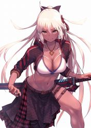 Rule 34 | 1girl, absurdres, ahoge, bikini, bikini top only, bow, breasts, cleavage, collared jacket, cropped jacket, dark-skinned female, dark skin, fate/grand order, fate (series), fighting stance, grey eyes, hair bow, hair ornament, highres, huge filesize, jacket, jewelry, koha-ace, large breasts, leg belt, long hair, long sleeves, looking at viewer, nail polish, nakanishi tatsuya, navel, necklace, okita souji (fate), okita souji alter (fate), open clothes, open jacket, plaid, plaid skirt, ponytail, ready to draw, seigaiha, side slit, simple background, skirt, solo, stomach, swimsuit, thigh strap, thighs, very long hair, white background, white bikini, white hair